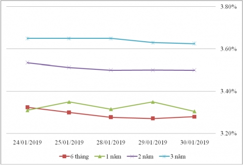 Thị trường TPCP ngày 30/1: Lãi suất thực hiện tiếp tục tăng cao ở kỳ hạn 3-5 năm