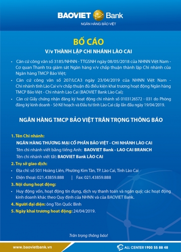 BAOVIET Bank thành lập chi nhánh Lào Cai
