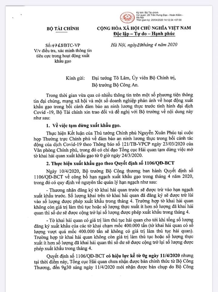 Bộ Tài chính đề nghị điều tra, xác minh thông tin tiêu cực trong hoạt động xuất khẩu gạo bo tai chinh de nghi dieu tra xac minh thong tin tieu cuc trong hoat dong xuat khau gao