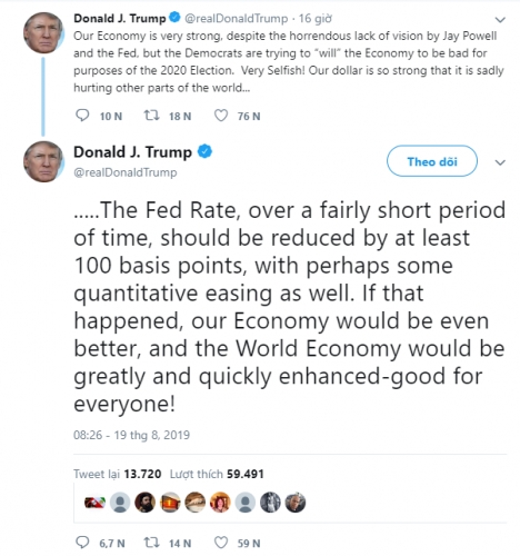 Trump cho rằng Fed nên cắt giảm lãi suất ít nhất 1% nữa