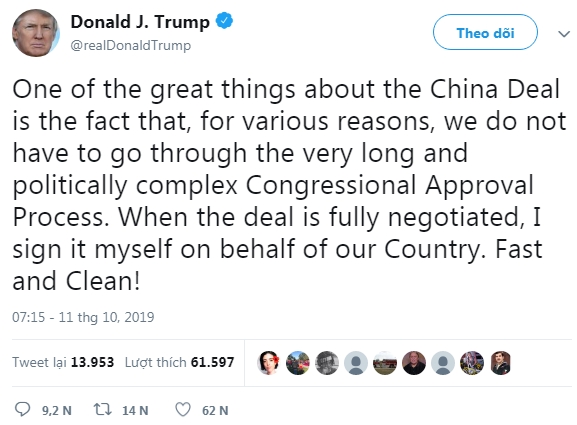 Trump cho biết Mỹ đã đạt được thỏa thuận quan trọng giai đoạn một đàm phán với Trung Quốc