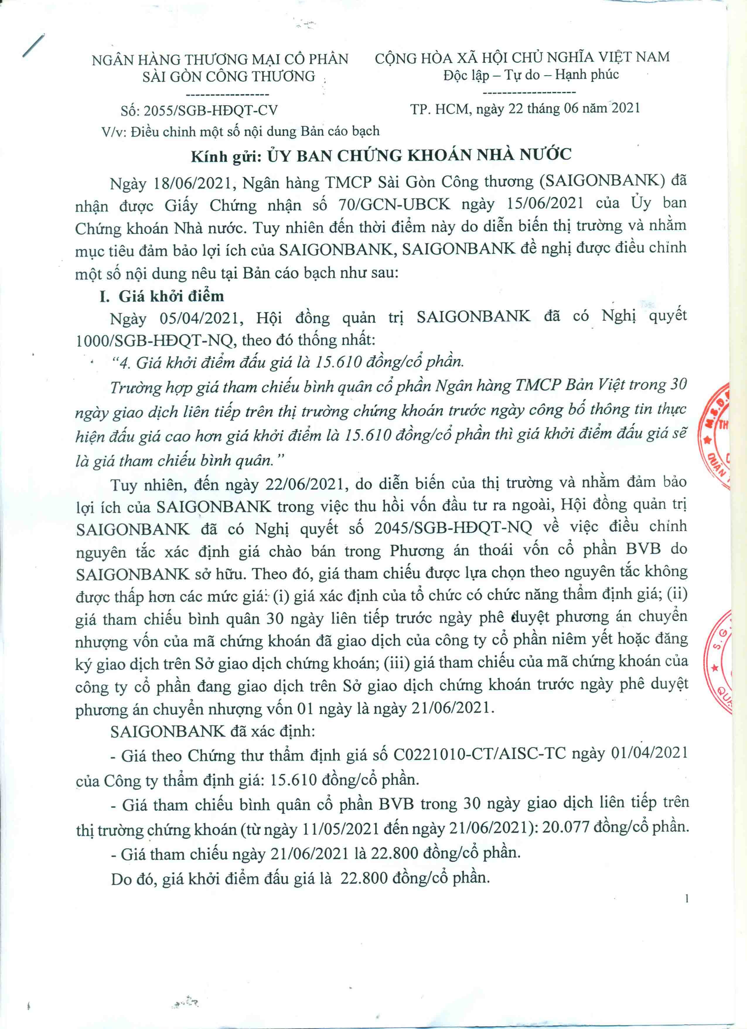 SAIGONBANK điều chỉnh một số nội dung Bản cáo bạch