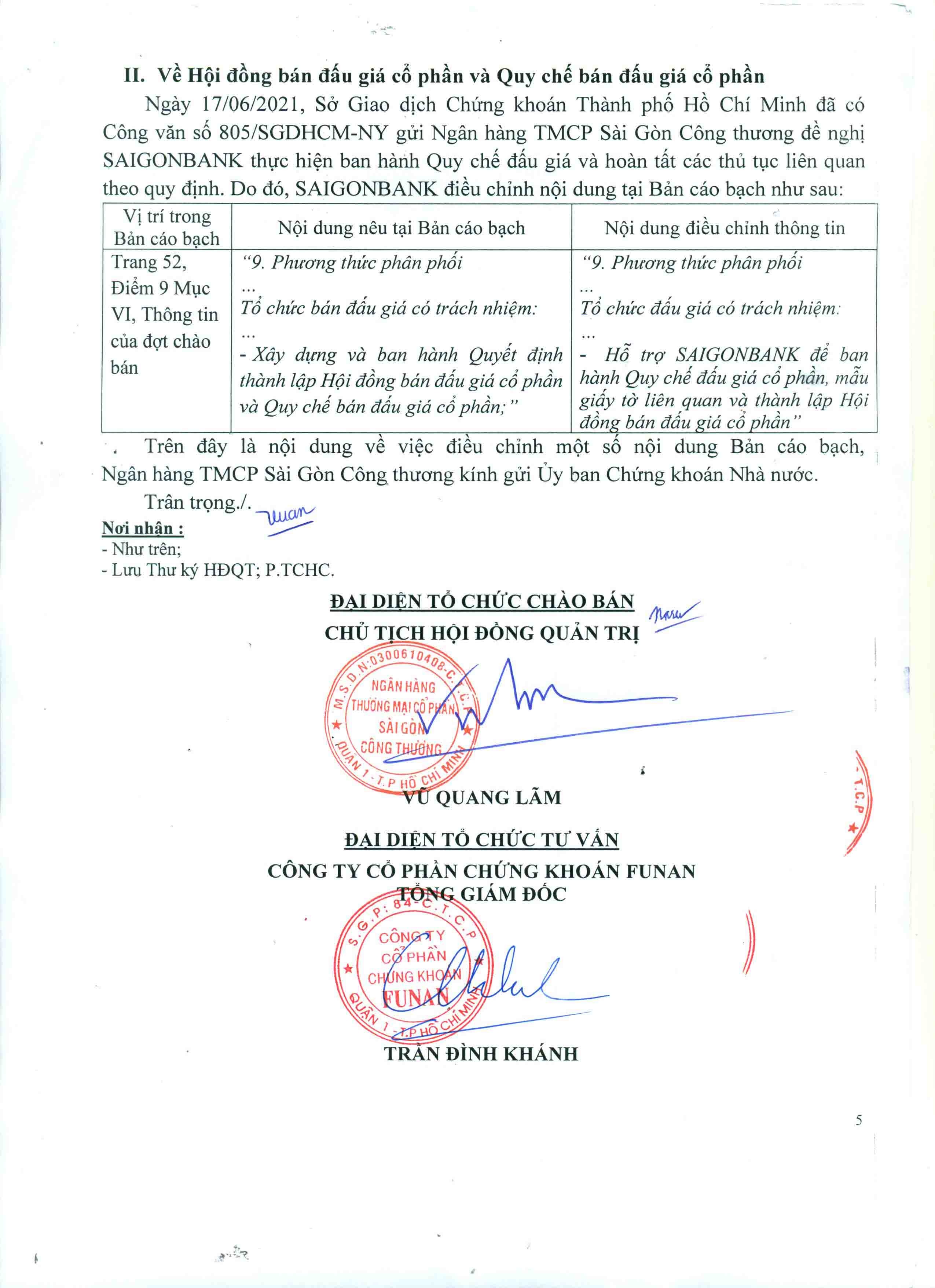 SAIGONBANK điều chỉnh một số nội dung Bản cáo bạch