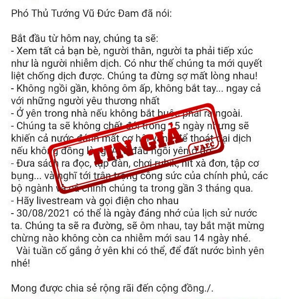 Giả mạo phát ngôn chỉ đạo chống dịch của Phó Thủ tướng Vũ ...