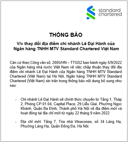 ngan hang tnhh mtv standard chartered viet nam thay doi dia diem chi nhanh le dai hanh